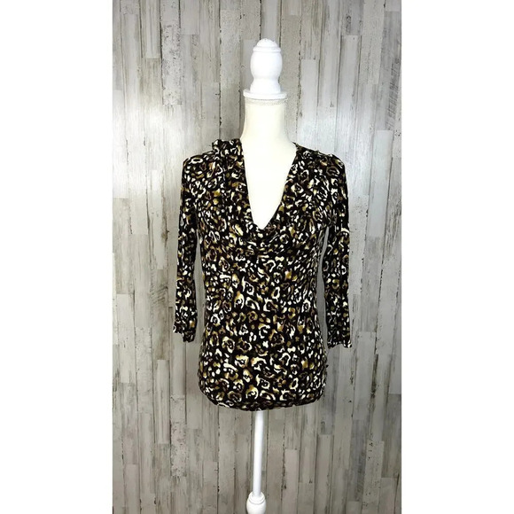 Micheal Kors Women's Small‎ Leopard Print Faux Wrap Long Sleeve V-Neck Blouse - Picture 2 of 5